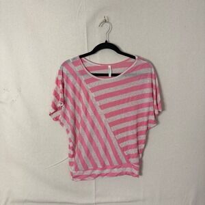 Winwin Apparel Pink White Striped Asymmetric Short Sleeve Top Mens Medium 40111S